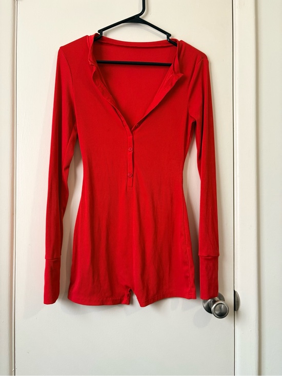 SHEIN Dresses & Skirts - SHEIN Red Long Sleeve Henley Bodysuit Romper